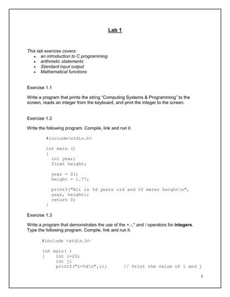 This Lab Exercise Covers An Introduction To C Programming