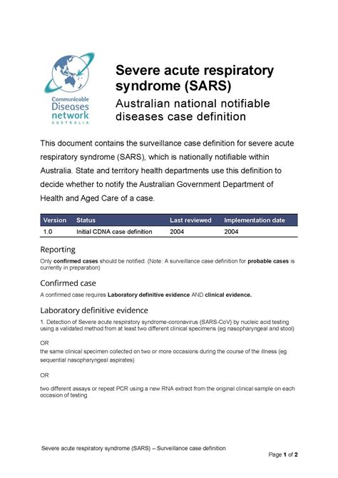 Severe Acute Respiratory Syndrome Sars Surveillance Case Definition Australian Government