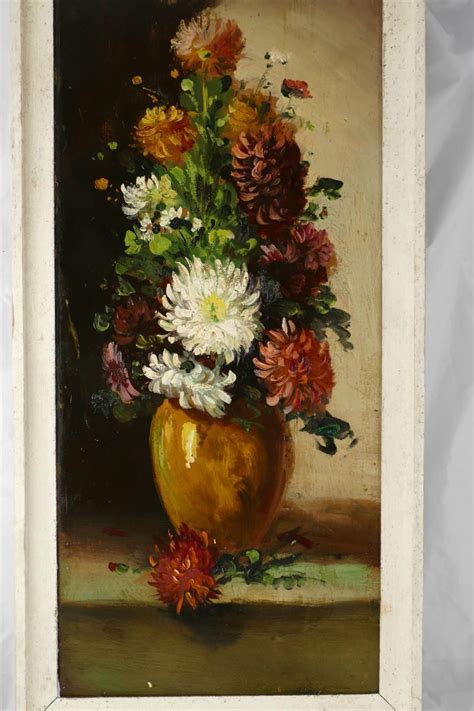 Proantic Oil On Cardboard Bouquet Of Dahlias Early Xx Me