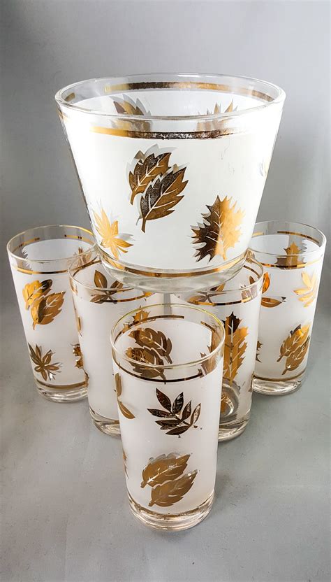 8 Vintage Libbey Glasses ~ Gold Leaf Foil Frosted Leaf Motif ~ Retro Cocktail Glassware Barware