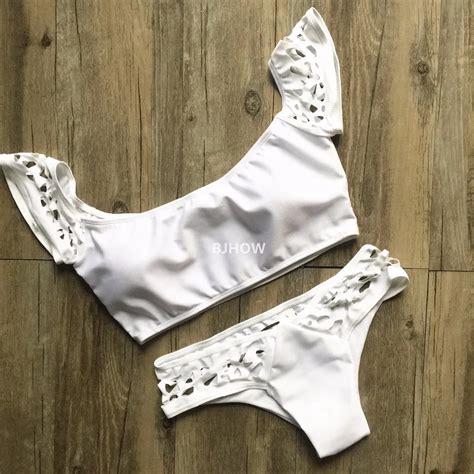 Solid Black White Mesh Brazilian Bikini 2017 Crop Top Off Shoulders