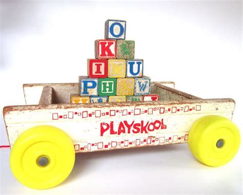 Vintage Wooden Playskool Wagon With Alphabet Blocks 1960s Etsy