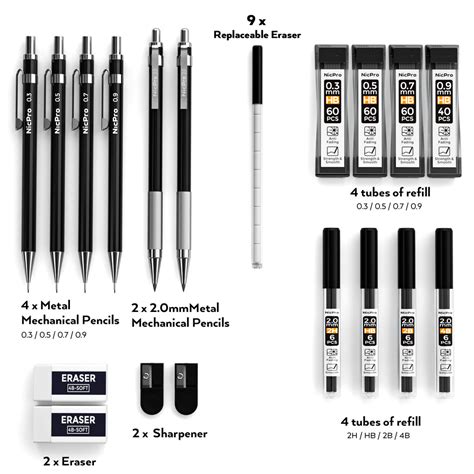 Nicpro 6 Pcs Art Mechanical Pencils Set Black Metal Drafting Pencil 0