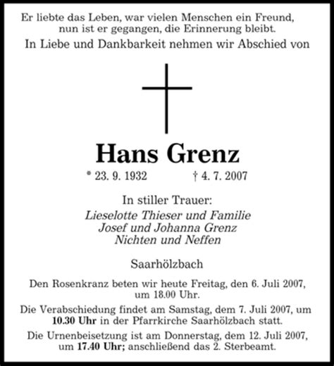 Traueranzeigen Von Hans Grenz Trauer De