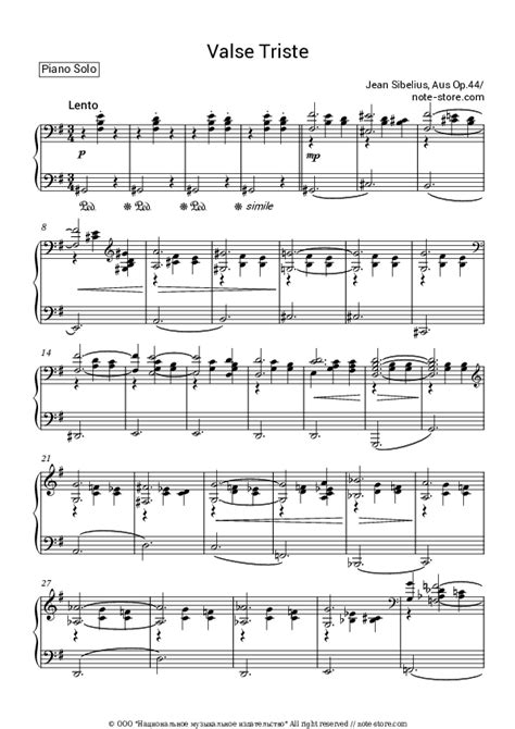 Valse Triste Op 44 Nr 1 Piano Sheet Music Jean Sibelius In Note