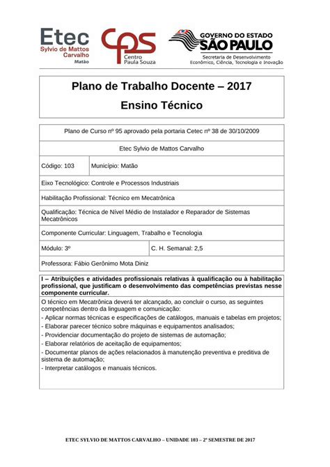 Pdf Plano De Trabalho Docente Ensino T Cnico T Cnico Contrato