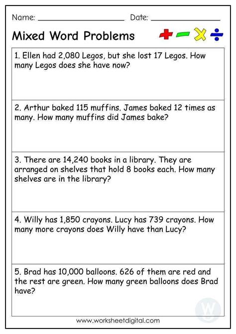 Mixed Word Problems Grade 4 Worksheet Digital