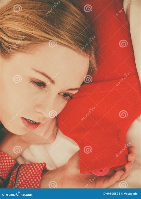 Woman Sleeping With Warm Red Hot Water Bottle Stock Photo Image Of Heat Female