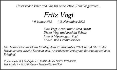 Traueranzeigen Von Fritz Vogt Trauer De