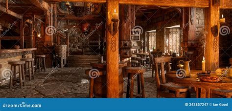 Panoramic View of Medieval Fantasy Tavern Interior. 3D Rendering Stock Illustration ...