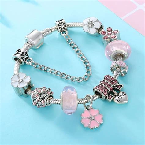 Bracelet Femme Charms Style Pandora Fleurs Rose