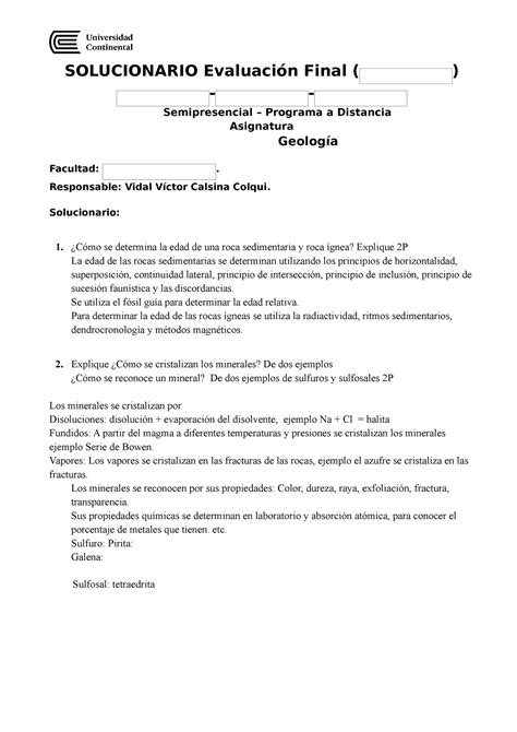 Solucionario Eva Final Geología 2022 0 SOLUCIONARIO Evaluación Final