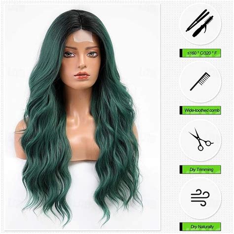 Long Ombre Green Wavy Wig For Women 26 Inch Middle Part Curly Wig Natural Looking Synthetic Heat