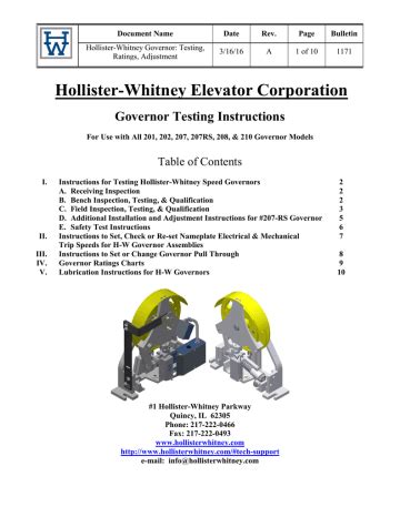 Hollister-Whitney Elevator Corporation Governor Testing Instructions ...