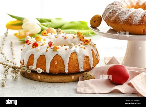 Tasty Easter Cakes Pussy Willow Branches And Eggs On Table Stock Photo Alamy
