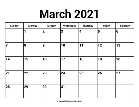 March 2021 Calendars – Calendar Options