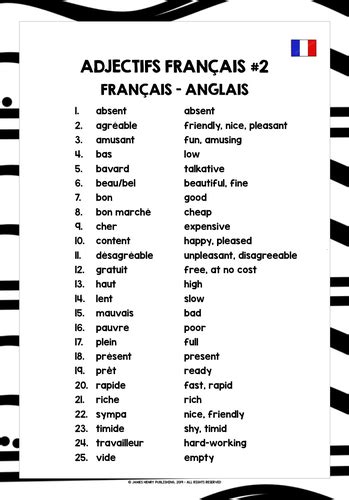 French Adjectives List Freebie 2 Teaching Resources