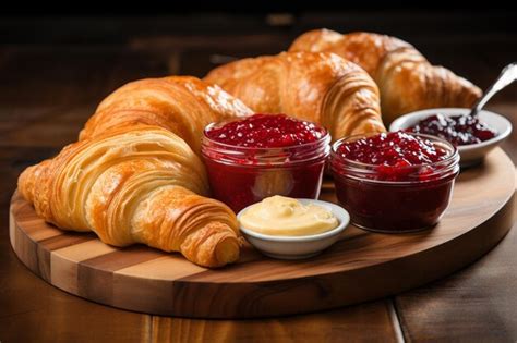 Premium Photo | French Bakery Delight Assorted Croissants with Jam and Butter