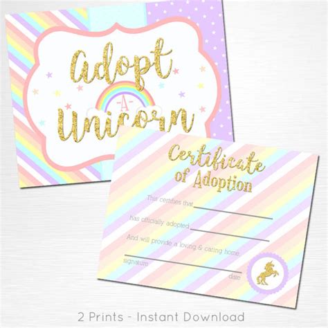 Adopt A Unicorn Certificate Unicorn Rainbow Birthday Party Etsy With