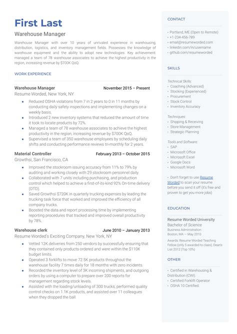 4 Warehouse Manager Resume Examples For 2025 Resume Worded