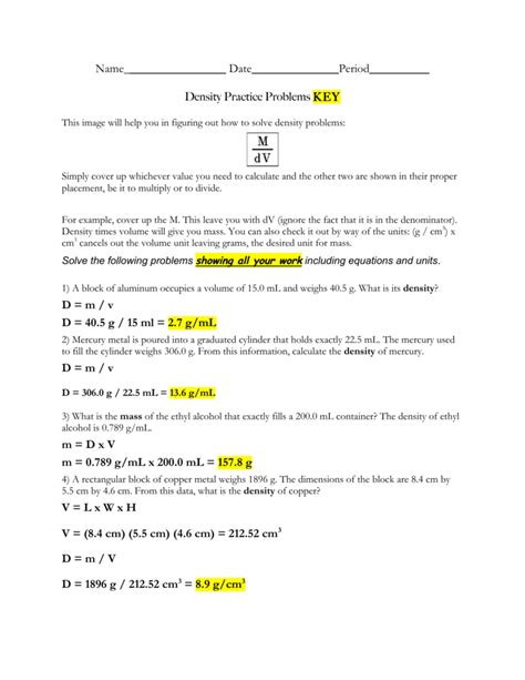 Density Problems Worksheet Pdf