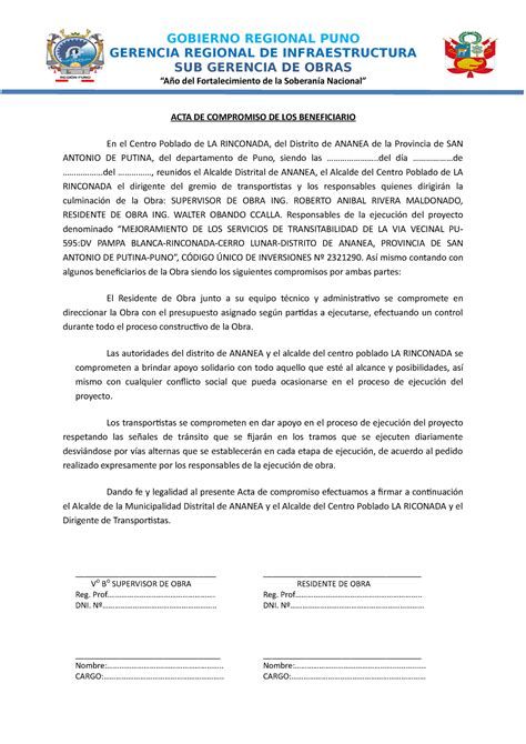 Acta De Compromiso Gobierno Regional Puno Gerencia Regional De