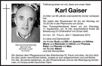 Traueranzeigen Von Karl Gaiser Trauer Bz