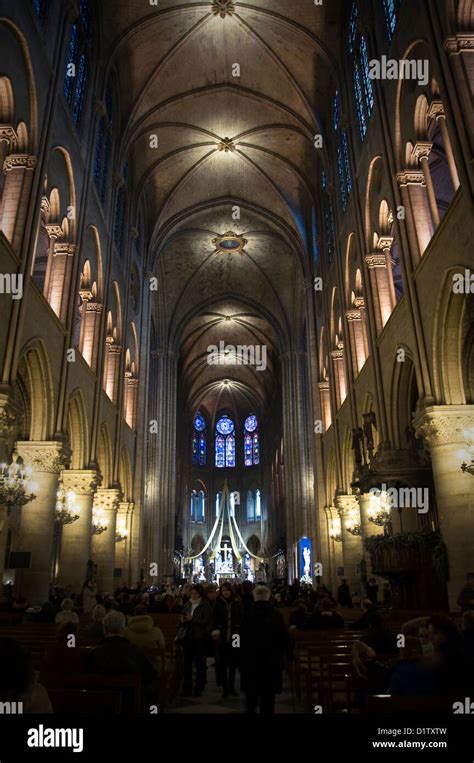 Main Nave Inside Notre Dame De Paris Cathedral Paris France Stock
