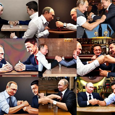 Vladimir Putin And Volodymyr Zelensky Arm Wrestling In Stable Diffusion