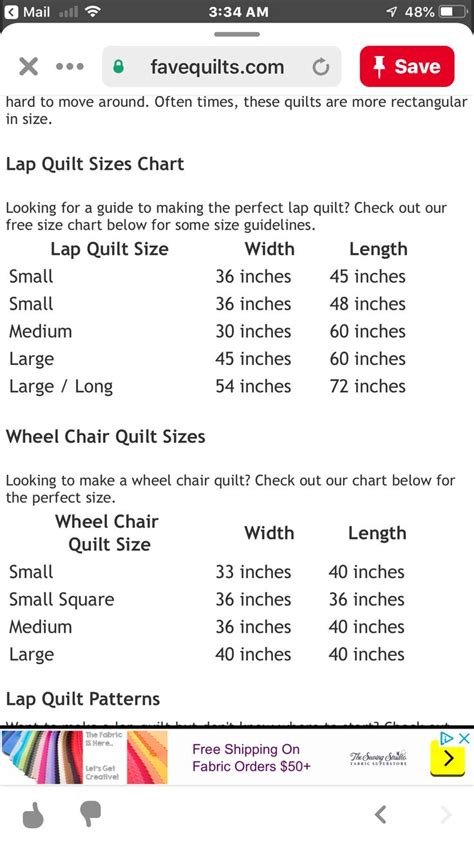 Lap Quilt Size Chart