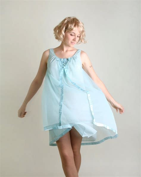 1960s Babydoll Slip Vintage Nightie In Sheer Powder Blue