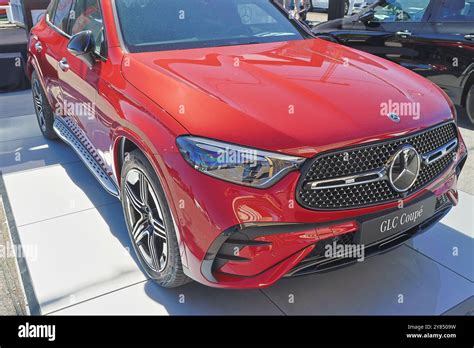 Modern Red Mercedes Glc Coupe Parked On Display At A Car Dealership