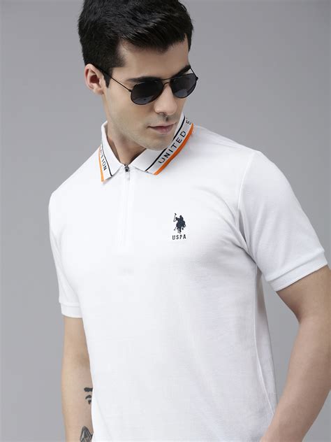 Buy U S Polo Assn Men White Print Detail Polo Collar Pure Cotton Slim