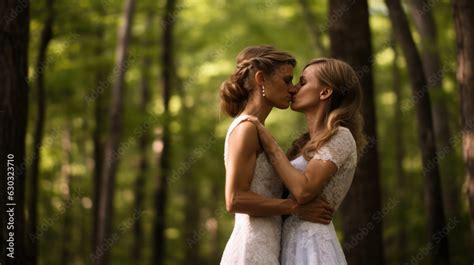 Portrait Of A Happy Same Sex Lgbt Couple Kissing During Their Wedding Created With Generative