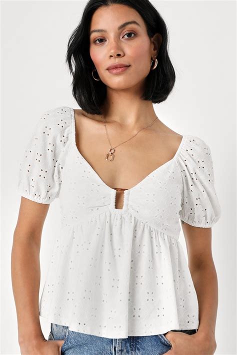 Lulus Brightest Days White Eyelet Puff Sleeve Peplum Top Modesens