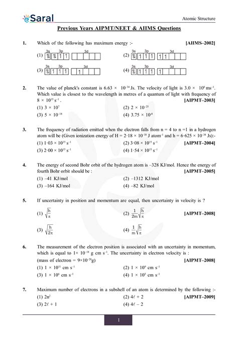 Atomic Structure Neet Previous Year Questions With Complete Solutions