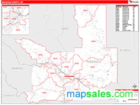 Missoula County, MT Wall Map Red Line Style by MarketMAPS