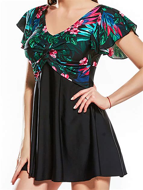 Plus Size Floral Printed Slimming Wireless Short Sleeve Swimdresses