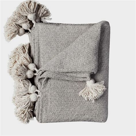 Pom Pom Throw Blanket, Queen, Cotton, Grey, Beige, Handwoven Boho – Or ...