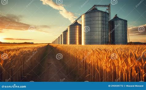 Silos In Wheat Field Storage Of Wheat Production Stock Photo Image