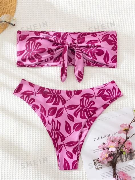 SHEIN Swim Conjunto De Bikini Con Estampado Tropical Bikini Bandeau Con