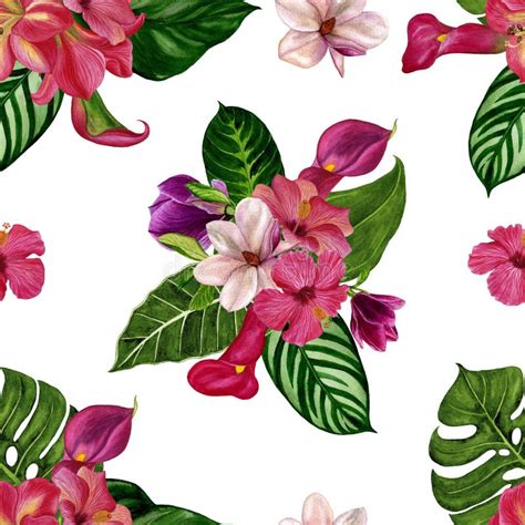 Watercolour Illustration Hand Painted Seamless Tropical Pattern With