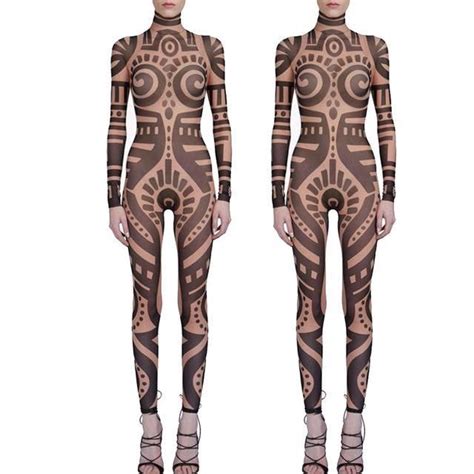 Tribal Tattoo Print Long Sleeve Full Bodysuits 6 Options Full Body