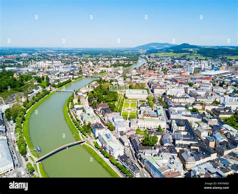 Salzburg City Centre And Salzach River Aerial Panoramic View Austria