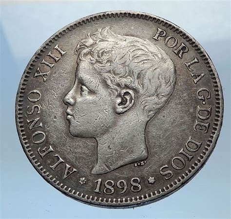 1898 SPAIN Antique Silver 5 Pesetas Coin Spanish King ALFONSO XIII