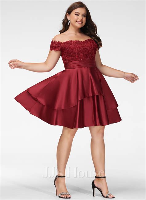 A Line Off The Shoulder Knee Length Satin Homecoming Dress With Lace