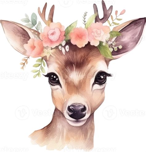 Cute Deer And Flowers Watercolor Illustration 25277477 Png