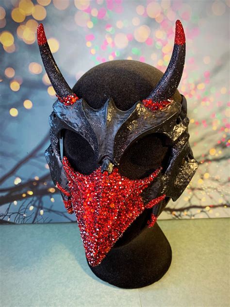 3d Devil Demon Vampire Masquerade Mask Black Red Crystal Etsy