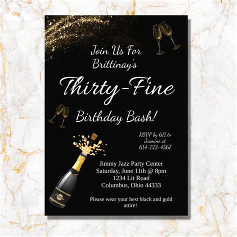 Editable Black And Gold Birthday Invitation Any Age Champagne Gold