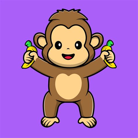 Cute Monkey Holding Banana Fruit Cartoon Vector Icons Illustration